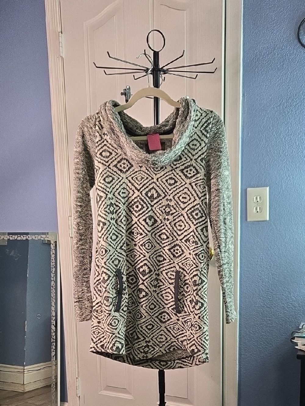 Anthropologie Gray and Black Patterned Cowl Neck Sweater Tunic